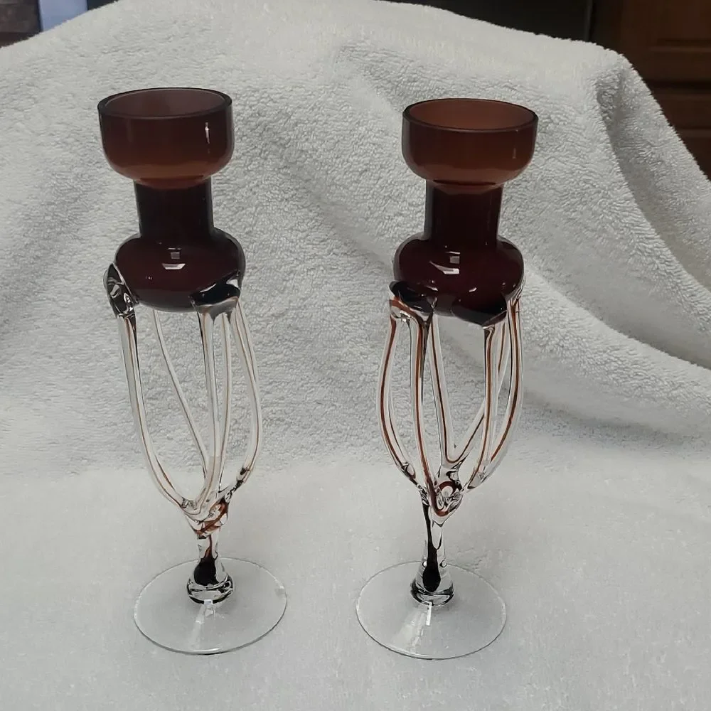 Polish Hand Blown Glass Candle Holders Jellyfish Sculptural Amber Brown VTG